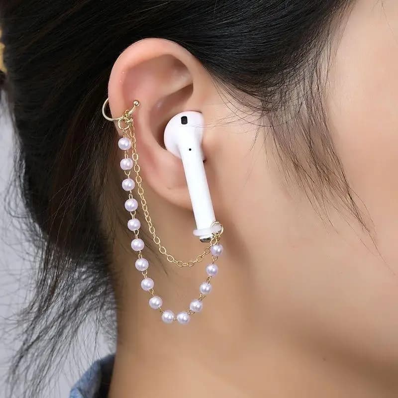 Anti Lost Wireless Earbud Holder Earrings Gold Plated Chain Faux Pearl Crystal Decor Perfect For Daily Wear Travel Party