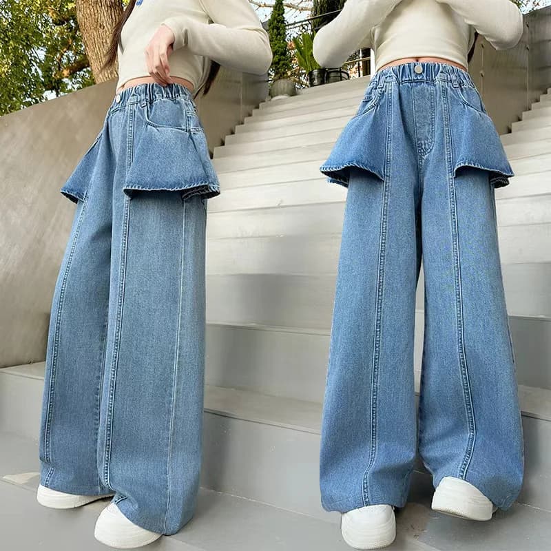 Jeans con volant per ragazze, modelli primaverili e autunnali, pantaloni casual larghi a gamba larga per bambini, abbigliamento autunnale per bambini, pantaloni in denim versatili