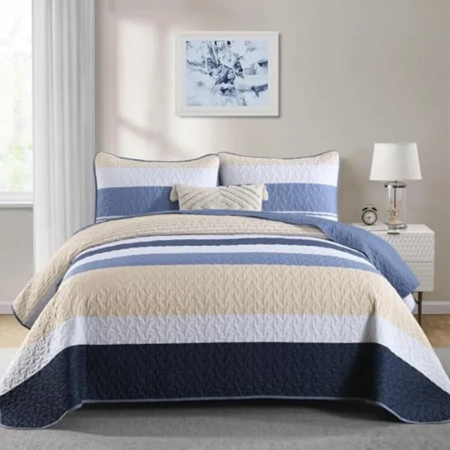 Set Copriletto Boho a Righe Autunnali, Leggero, Stile Rustico, 3 Pezzi in Microfibra Patchwork con 2 Cuscini