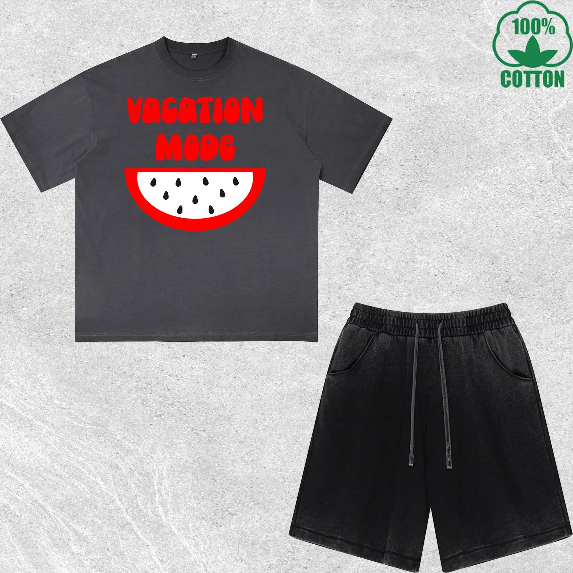 Set T-Shirt e Pantaloncini Stampati 'Hello Summer' Effetto Lavato, Multicolore, Stile Trendy e Comodo, 100% Cotone