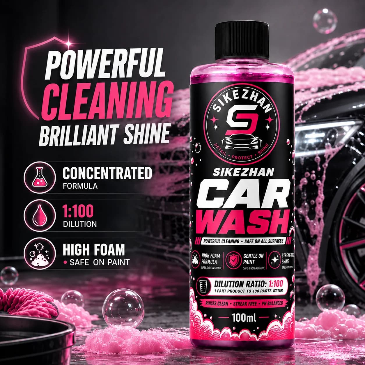 100ml 1:100 Concentrated Super Suds Foaming Car Wash Soap for Cannon or Bucket pH Balanced Safe on Wax Ceramic & Clear Coat