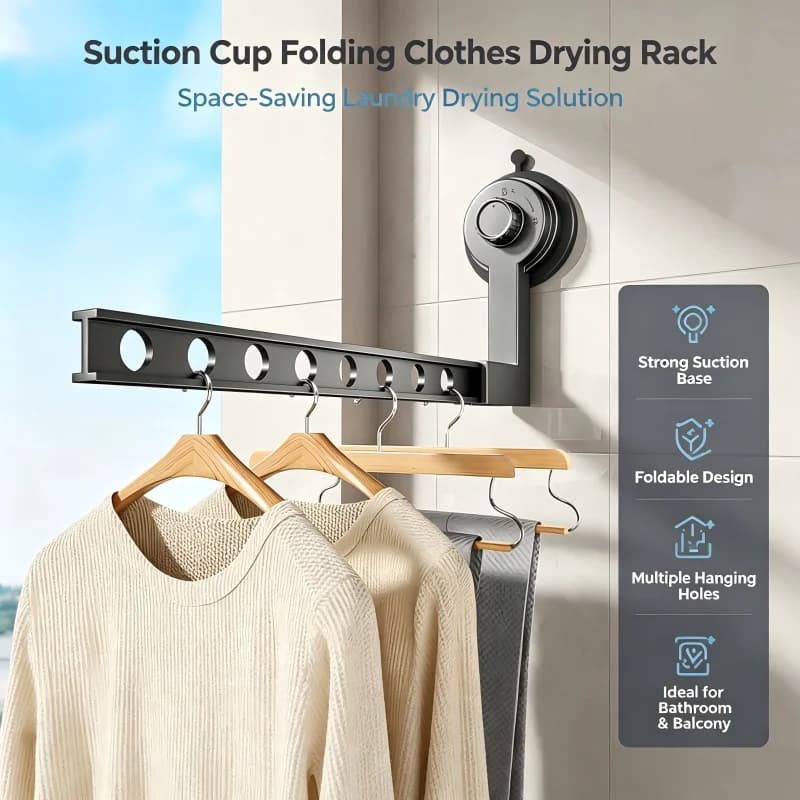 Suction Cup Wall Mount Folding Clothes Drying Rack - Storage Hooks for Indoor Outdoor Bathroom Laundry Organization