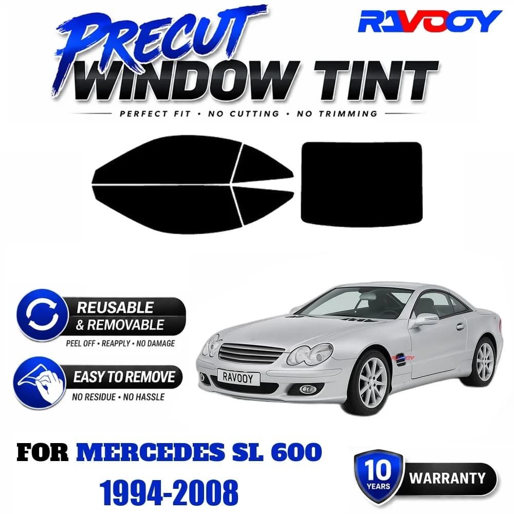 RAVOOY Precut Window Tint, Reusable Removable EPU Film, Custom Fit for Mercedes SL 600 1994-2008, UV Heat Protection