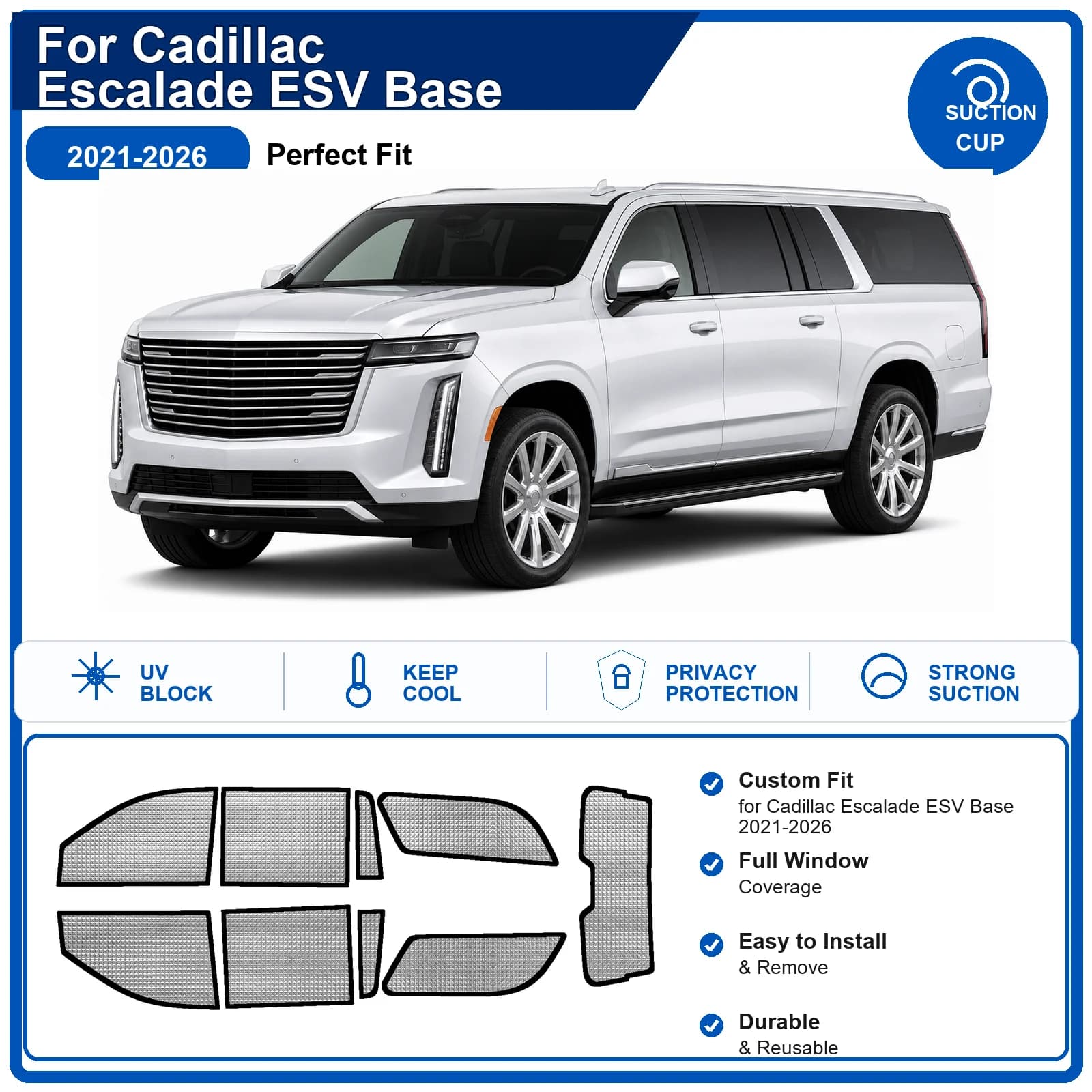 For Cadillac Escalade ESV Base 2021-2026 Custom Full Set Windshield Sun Shade Aluminum Foil Heat Insulation Anti UV Foldable