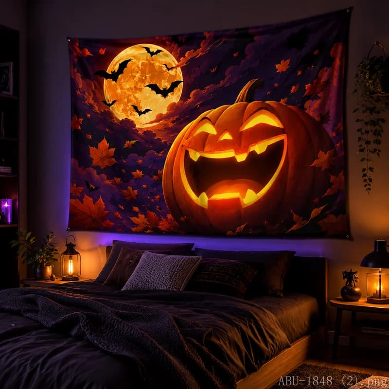VIKAMA Spooky Halloween Wall Tapestry, Glowing Pumpkin Night Storm Art for Home Party Halloween Decoration