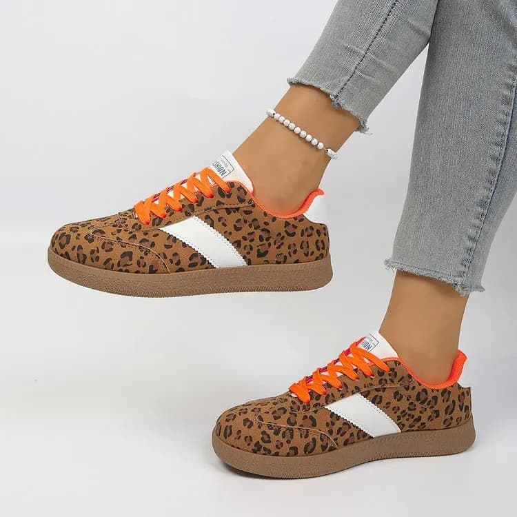 Leopard Print Women Casual Sneakers Outdoor Classic Retro Trainers Walking Sneakers Fashion Lace Up Non-Slip Casual Running Shoe