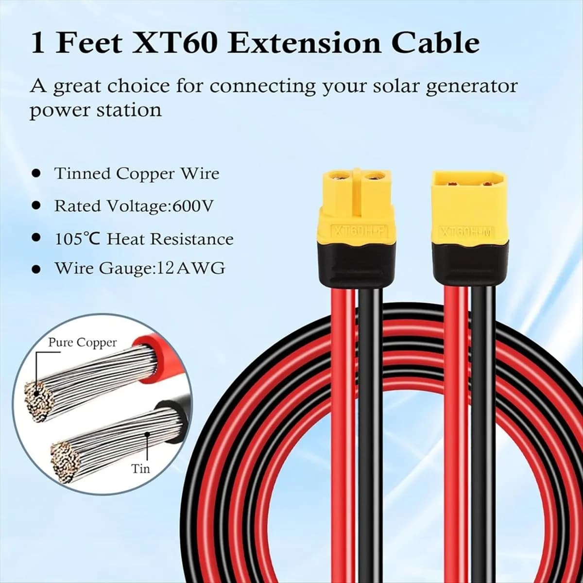 ABUA 2 Cavi di Prolunga 12AWG da 1FT con Connettore Maschio-Femmina per Pannello Solare e Batteria RC