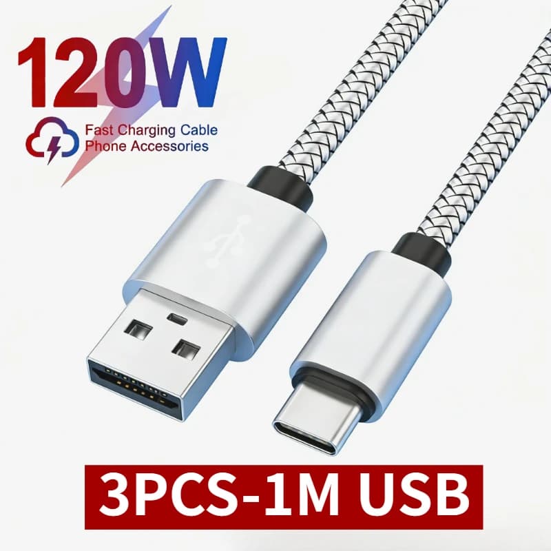 Cavo di ricarica USB A a tipo C da 3 pezzi, cavo dati in nylon per ricarica rapida 2A, 1 m, per dispositivi di ricarica Iphone Android Huawei Samsung TypeC