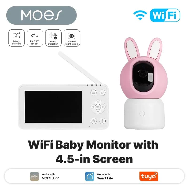 Telecamera di Sicurezza WiFi Smart per Bambini e Animali Domestici con Schermo LCD da 4,5 Pollici, Zoom PTZ, Sensore di Temperatura e Ninna Nanna