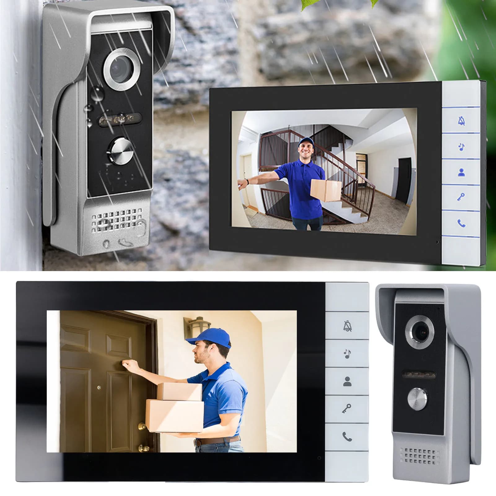 Kit Videocitofono con Comunicazione Bidirezionale, 52 Suonerie, Visione Notturna a Infrarossi, Impermeabile, Schermo da 7 Pollici per Casa