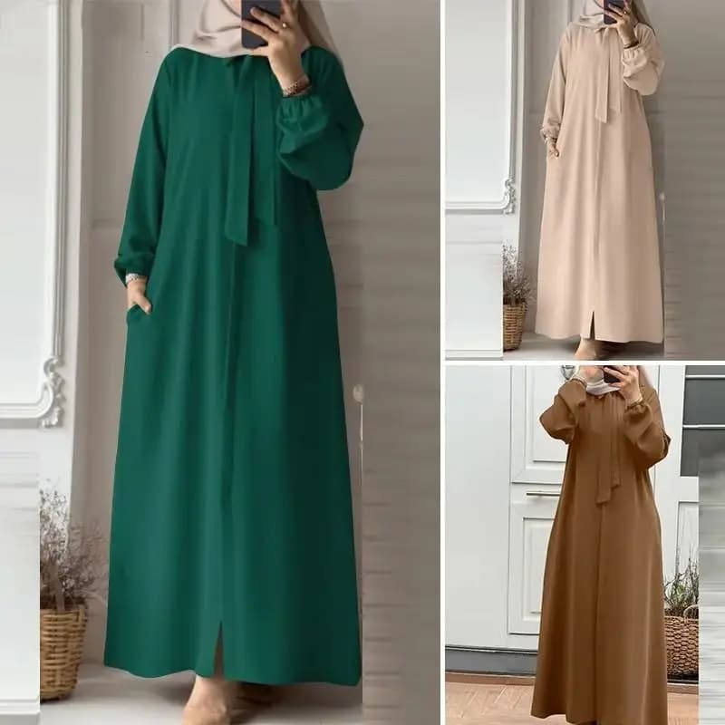 Abito Lungo Monocolore con Cintura, Stile Etnico Arabo, Vestito Ampio a Vita Morbida, Gonna a Trapezio, Maniche Lunghe, Girocollo, Pezzo Unico