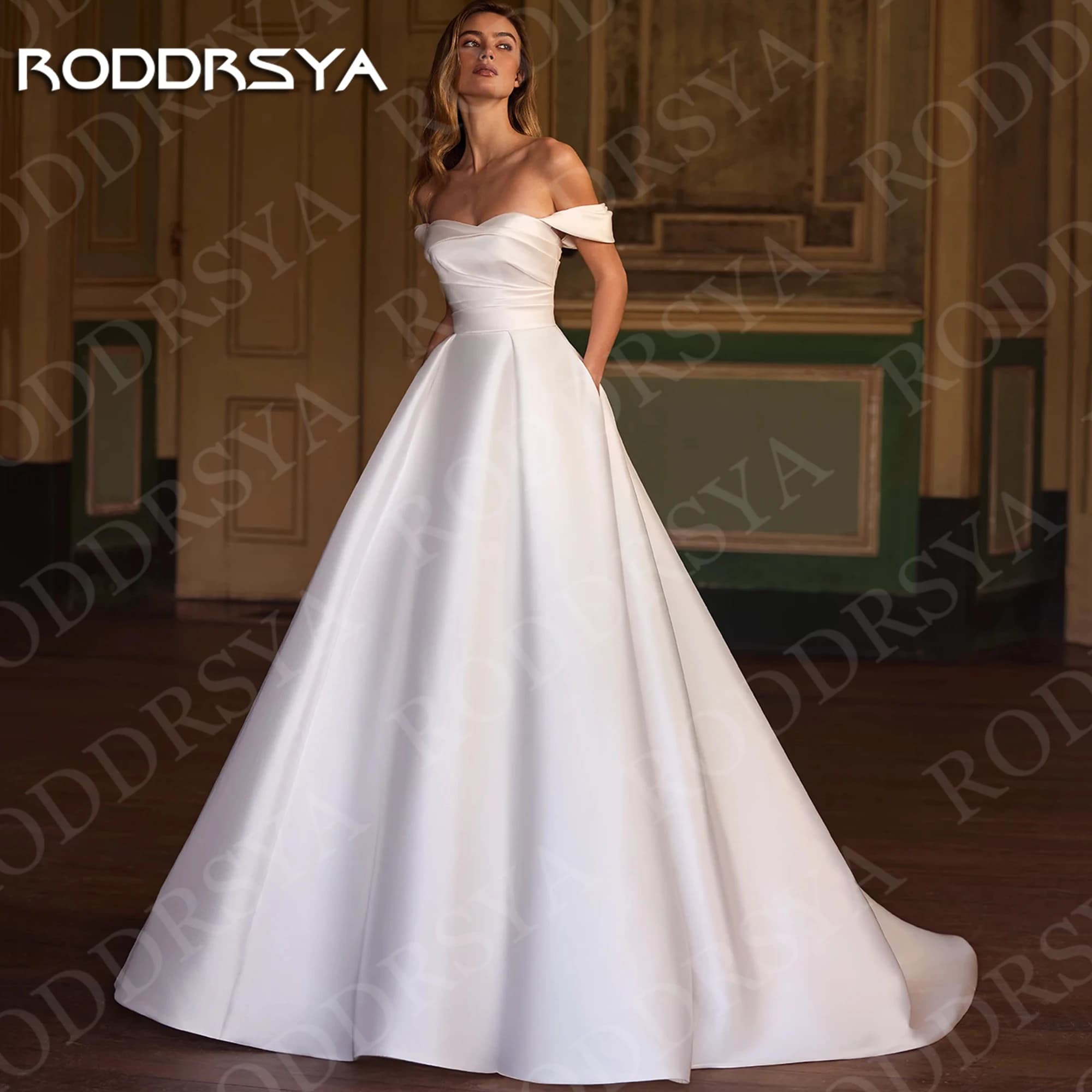RODDRSYA Elegant Off Shoulder Wedding Dress A Line Classic Sweetheart Neck Satin Bridal Dresses with Pockets Ivory Customized