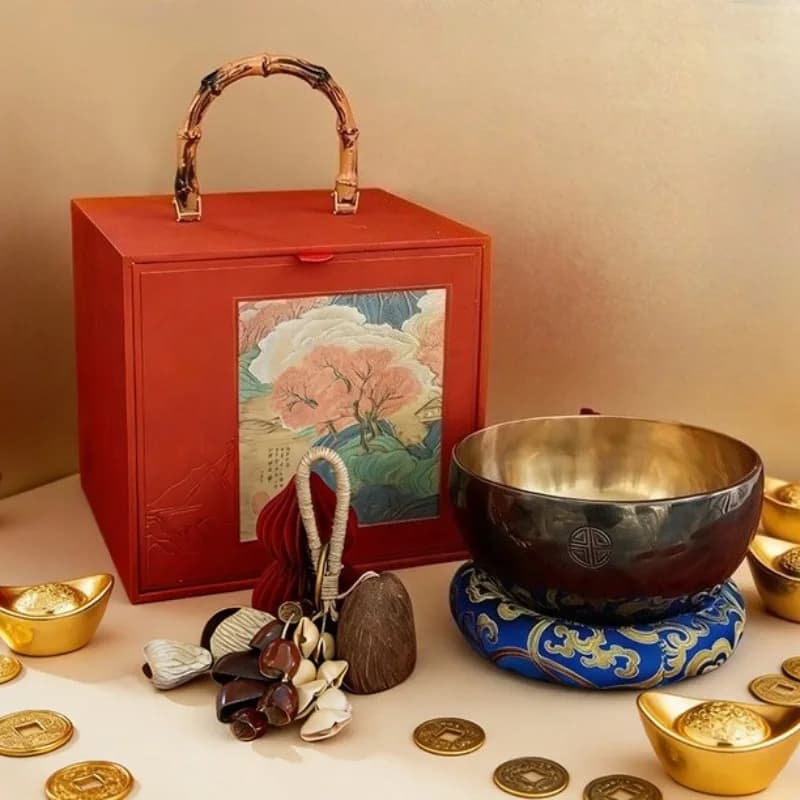 Nepal Handmade Singing Bowl Set with Fruit Shell Rattles for Meditation Sound Therapy Relaxation Fullmoon Singing Bowls Gift Box