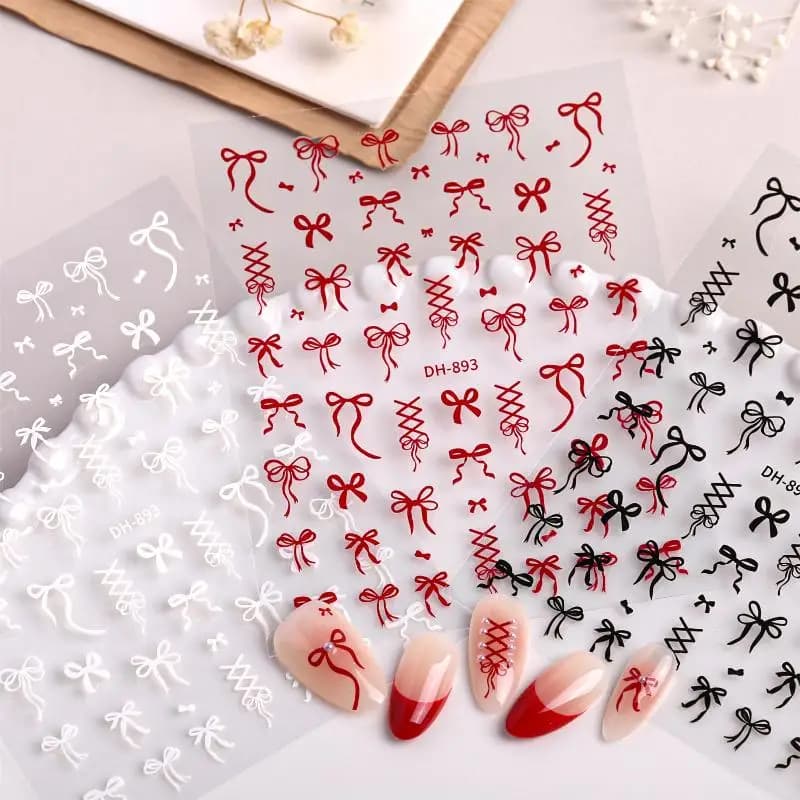 3D Shaped Nail Stickers, Red, Pink and Black Leather Decorations, Golden Laser Effect for Manicure