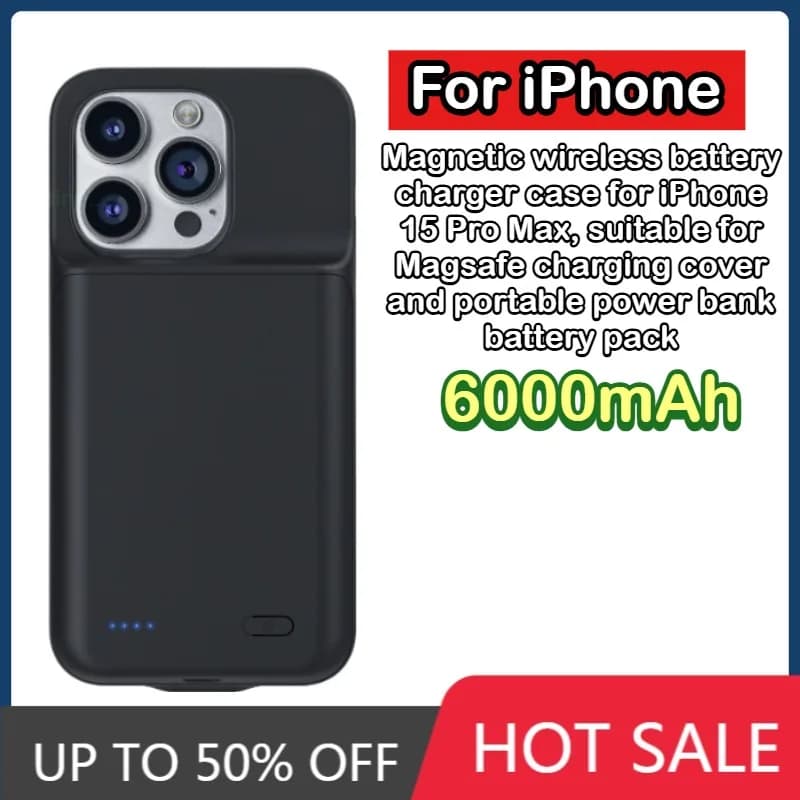 Custodia con Caricabatterie Wireless Magnetico da 6000mAh per iPhone15 Pro Max, Cover di Ricarica Magnetica e Power Bank Portatile