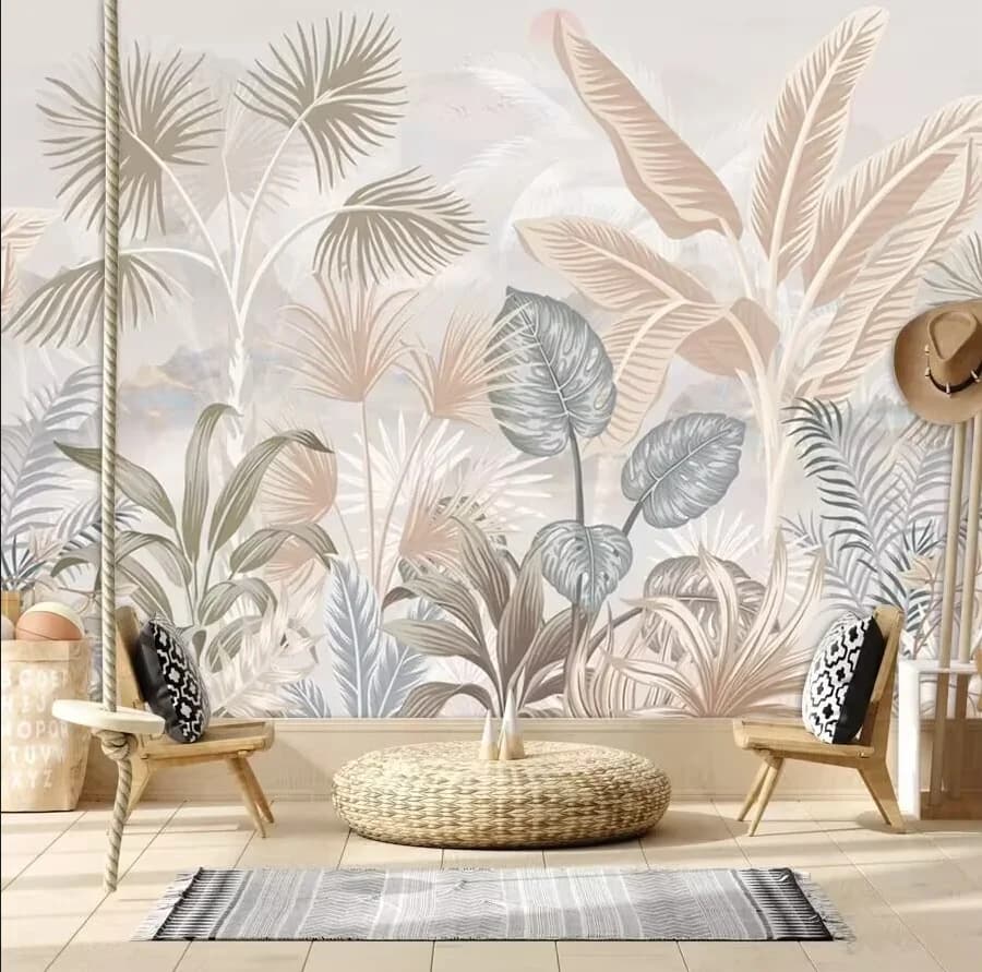 Carta da parati personalizzata con sfondo di foresta pluviale tropicale del sud-est asiatico, albero marrone e foglie di banana, decorativa per pareti.
