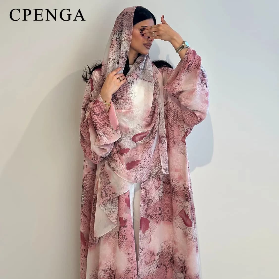 2026 Luxury Dubai Pink Print Chiffon Open Abaya with Hijab Muslim Dress Women Elegant Modest Evening Party Wear Long Maxi Robe