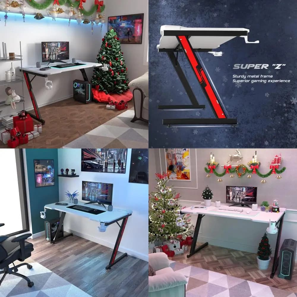 Scrivania da Gaming a Forma di Z Bianca 44 con Superficie in Fibra di Carbonio, Portabicchieri e Gancio per Ufficio Domestico