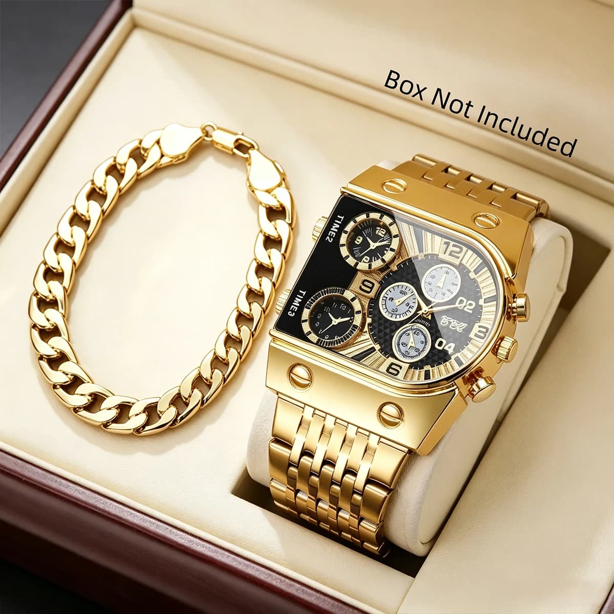 2PCS Luxury Square Men Business Watch Bracelet Set Decorative Dial Stainless Steel Band Quartz Wristwatches Clock (Without Box)