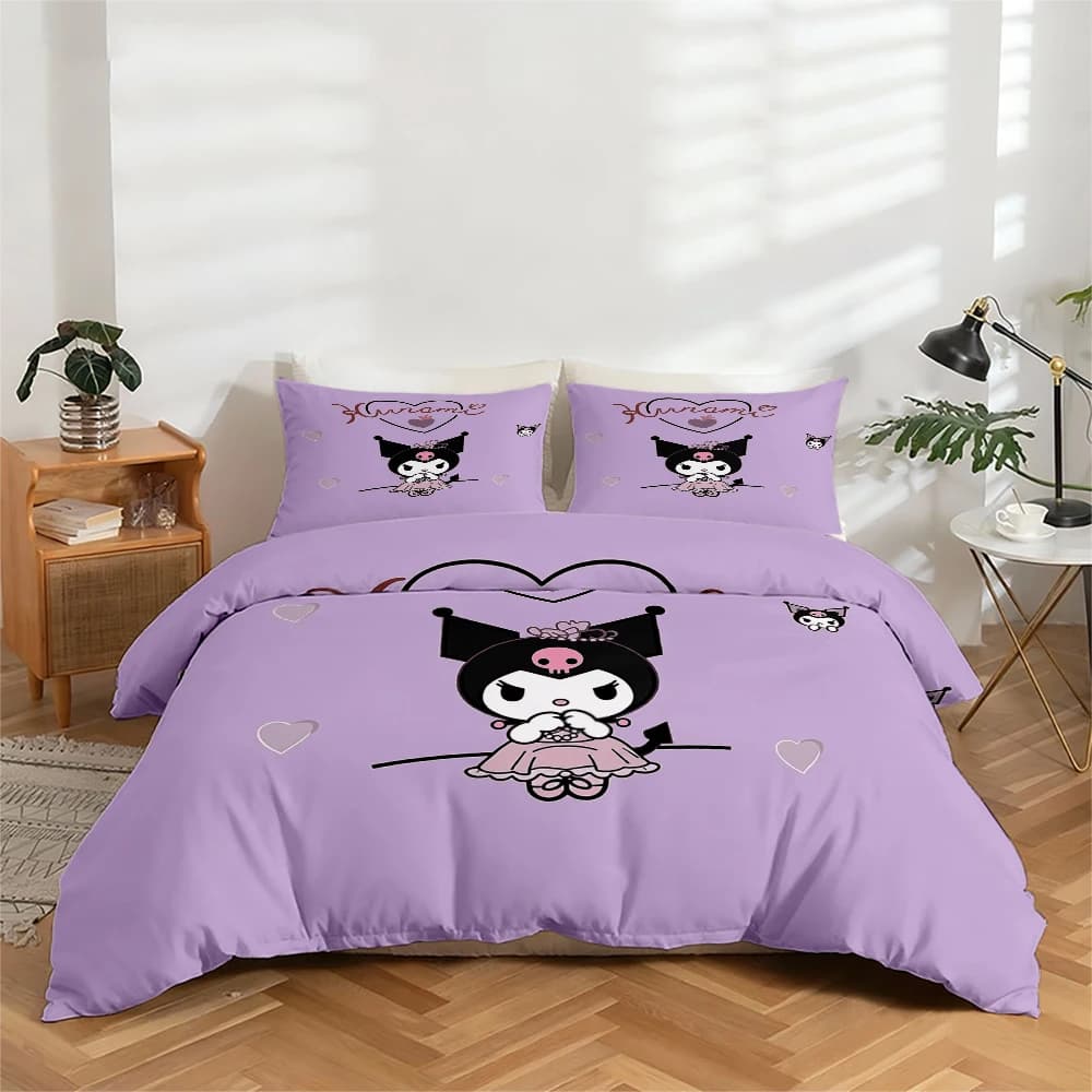 Set of sheets with high definition digital printing in 3 pieces Kuromi (Kuromi) with large floral print, includes 1 sheet with corners + 2 pillowcase, suitable for bedroom, guest room, home decoration. Bed linen with polyester fibre corners + pillowcase, ultra soft bed linen, thick fabric, comfortable for all seasons, washable in washing machine.