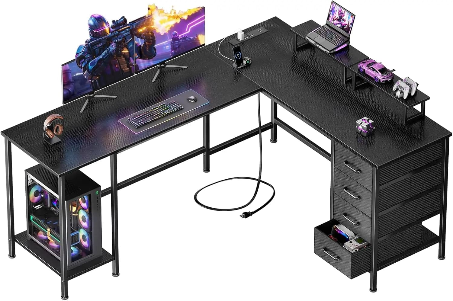 Scrivania per computer a forma di L da 59 pollici con prese di corrente, scrivania per ufficio domestico con 4 cassetti regolabili e 2 supporti per monitor, due postazioni