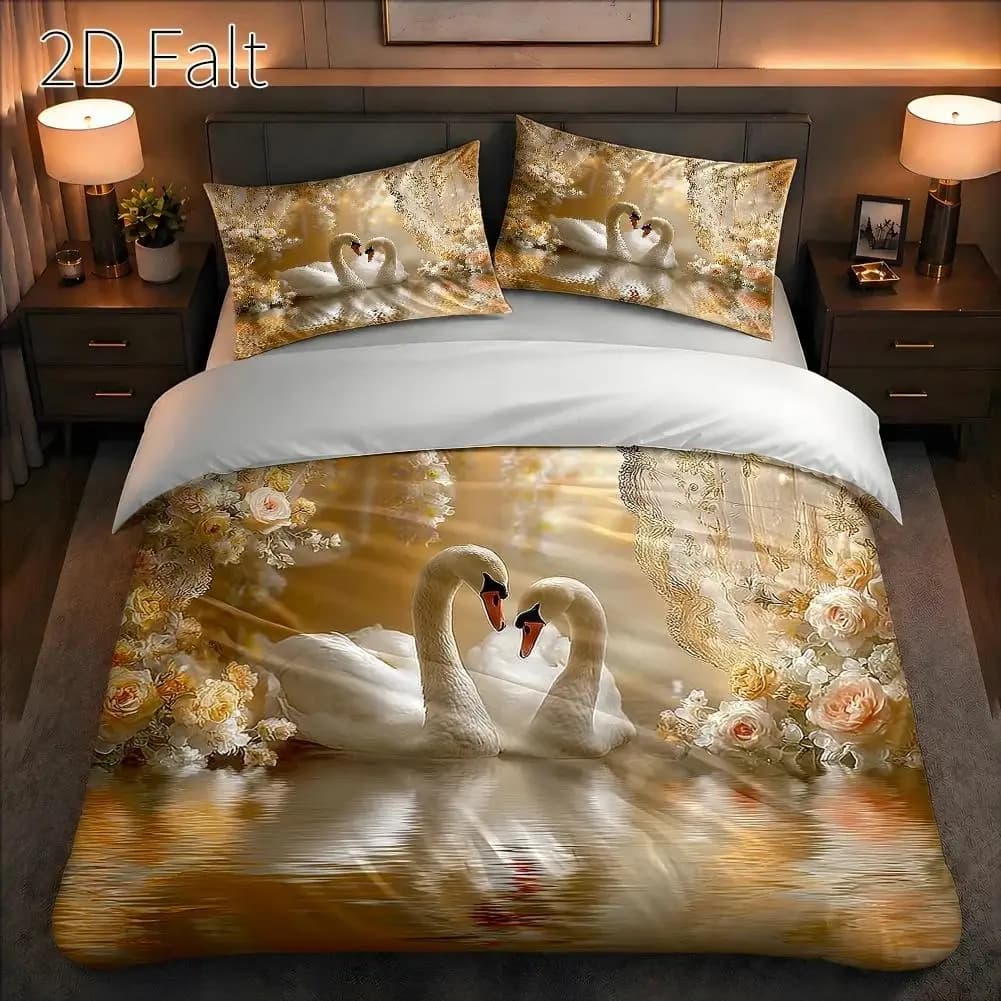 3-Piece Duvet Cover Set, 1 Duvet Cover + 2 Pillowcases (Without Filling) 2D Flat Printing, Swan Theme, Romantic Love Story, Classical Oil Painting Style, Valentine's Day, Suitable for All Seasons, Machine Washable, Invisible Zipper, Large Duvet Cover Set, Bedding Set, Skin-Friendly and Breathable, Soft and Comfortable, Does Not Fade or Pill, for Home/Dormitory/Main Use
