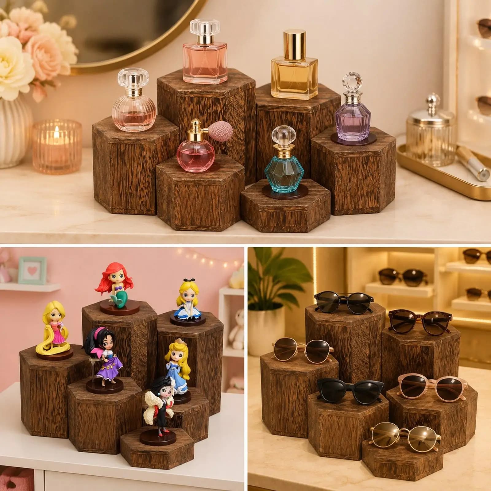 6 Pieces Buffet Risers Step Plinths, Vintage Wood Showcase Stands, Hexagonal Display Blocks for Desserts, Perfume, Figurine