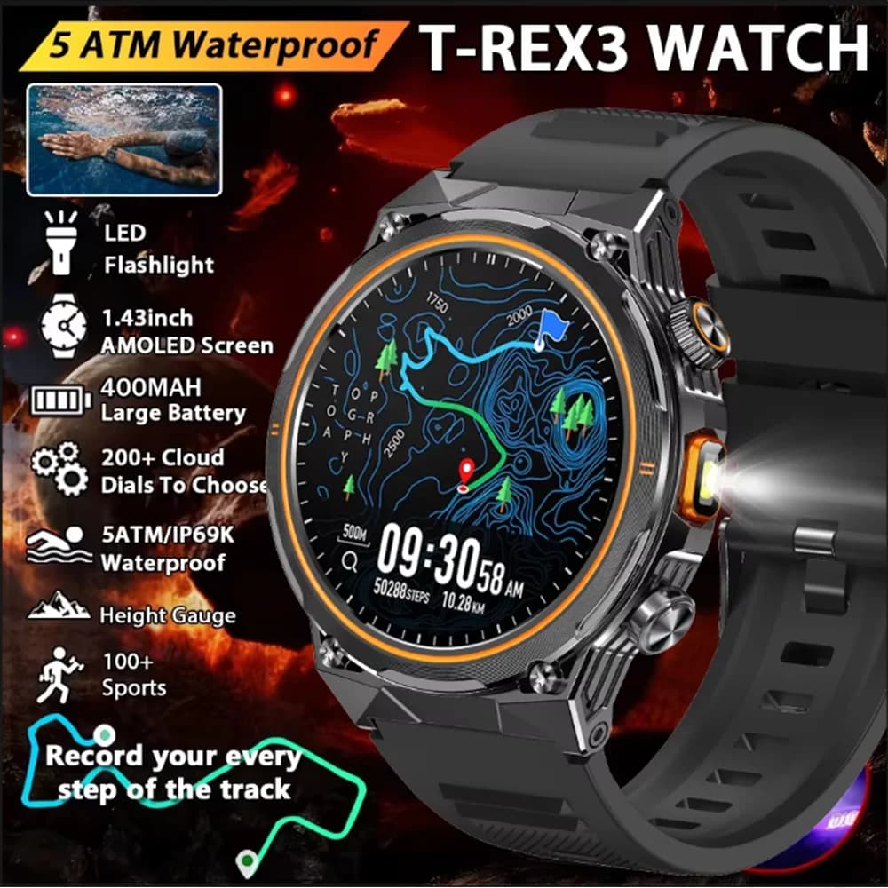 New Sporty Smartwatch for Men with AMOLED Screen from 1,46\", LED Flashlight, 400mAh Battery, 10ATM Waterproof, Bluetooth Calls