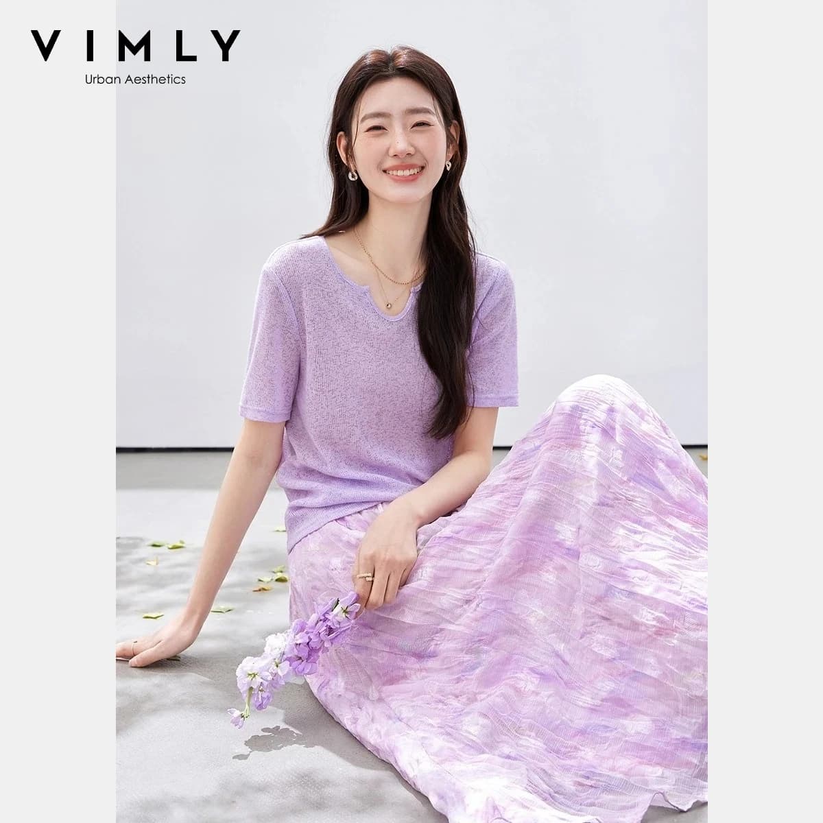 VIMLY Women's Purple Floral Print Skirt Set Round Neck Knit Short Sleeve T-shirt Pleated Midi Skirt Summer Casual Outfit A6057