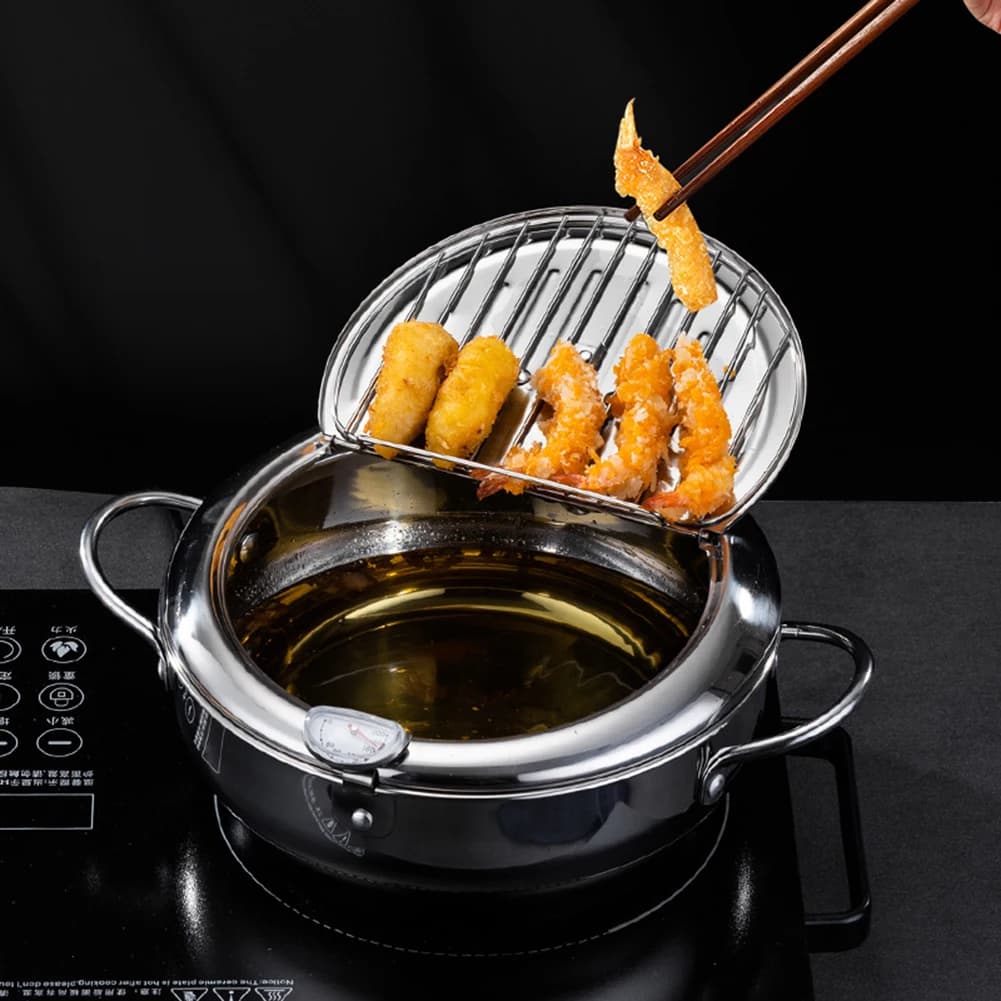 Japanese Style Frying Pot with Thermometer Cover and Sculpture Grid, Stainless Steel Plate 304 for Chips, Fish, Chicken