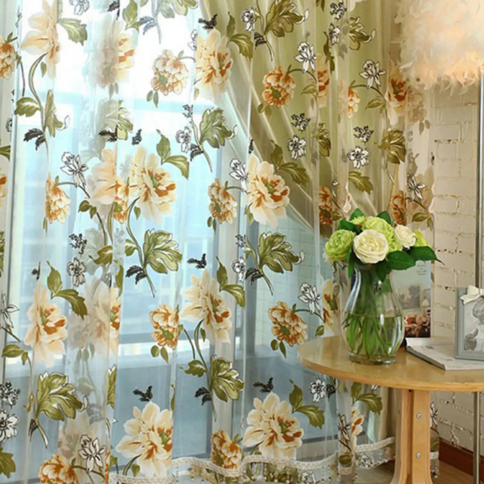 Tenda Decorativa in Vetro A56K, Tenda in Voile con Peonie per Camera da Letto, Tulle con Pizzi e Pendenti, Drappeggio per Finestra alla Francese, Trasparente