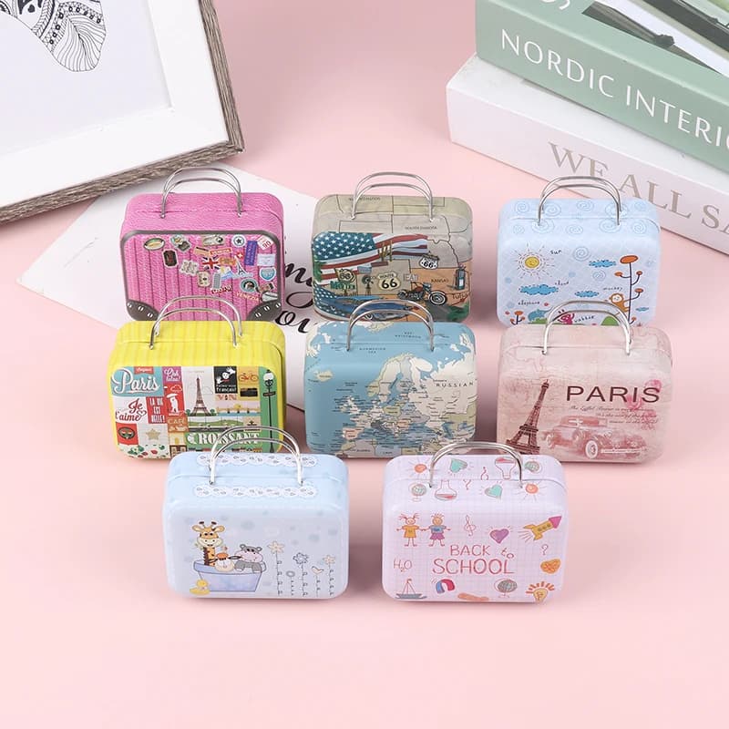 1 piece vintage mini suitcase with handle tinned band storage box for candies for wedding gifts portable travel container for chocolate candies