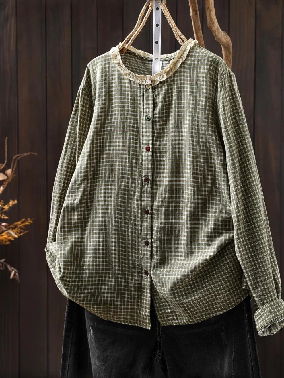 Abbigliamento vintage autunnale 100% filato di cotone kaki verde blu camicie a quadretti camicette a maniche lunghe abbigliamento mori kei