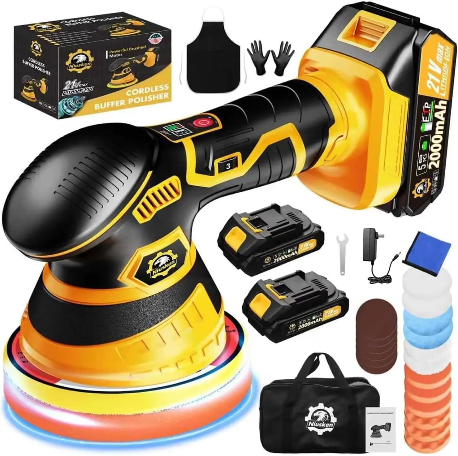 Kit lucidatrice per auto senza fili con 2 batterie e 18 accessori - 6 velocità, display a LED, leggero per ceratura e rimozione graffi