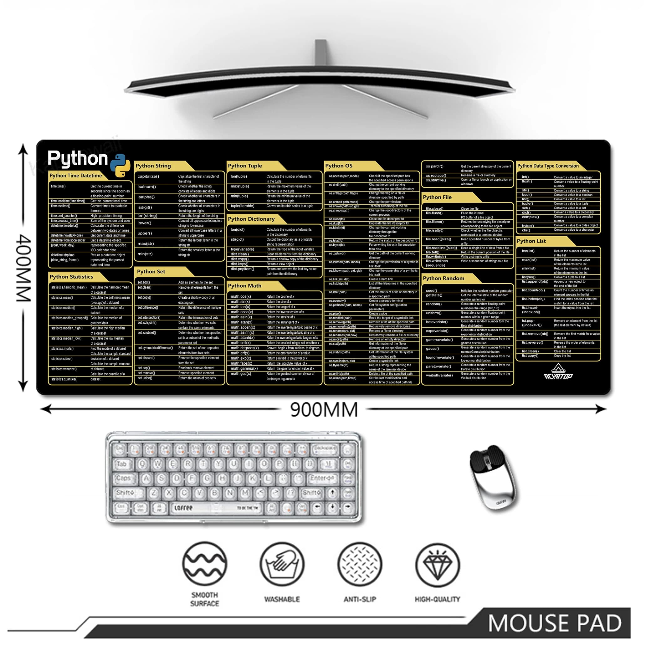 Tappetino per Mouse con Tasti di Scelta Rapida Python, Tappetino da Scrivania per PC Gamer, Tappetino per Mouse da Ufficio, Tappetino Antiscivolo in Gomma, Tappetini per Tastiera 900x400mm