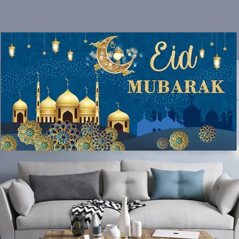 VIKAMA Eid Al Fitr Blue Banner Geometric Pattern Wall Tapestry Muslim Ramadan Party Supplies Home Decoration