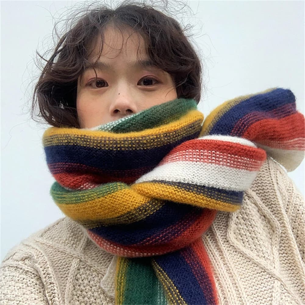 Sciarpa Arcobaleno in Maglia per Donna, Sciarpa Invernale Spessa in Finto Cashmere a Righe, Sciarpa e Coprispalle alla Moda Calda per Ragazza, Foulard Streetwear