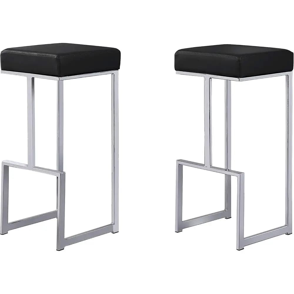 Set di 2 Sgabelli da Bar Moderni con Cuscini in Pelle, Gambe in Metallo, Poggiapiedi, Design Elegante per Cucina o Bar di Casa, Nero/Cromo