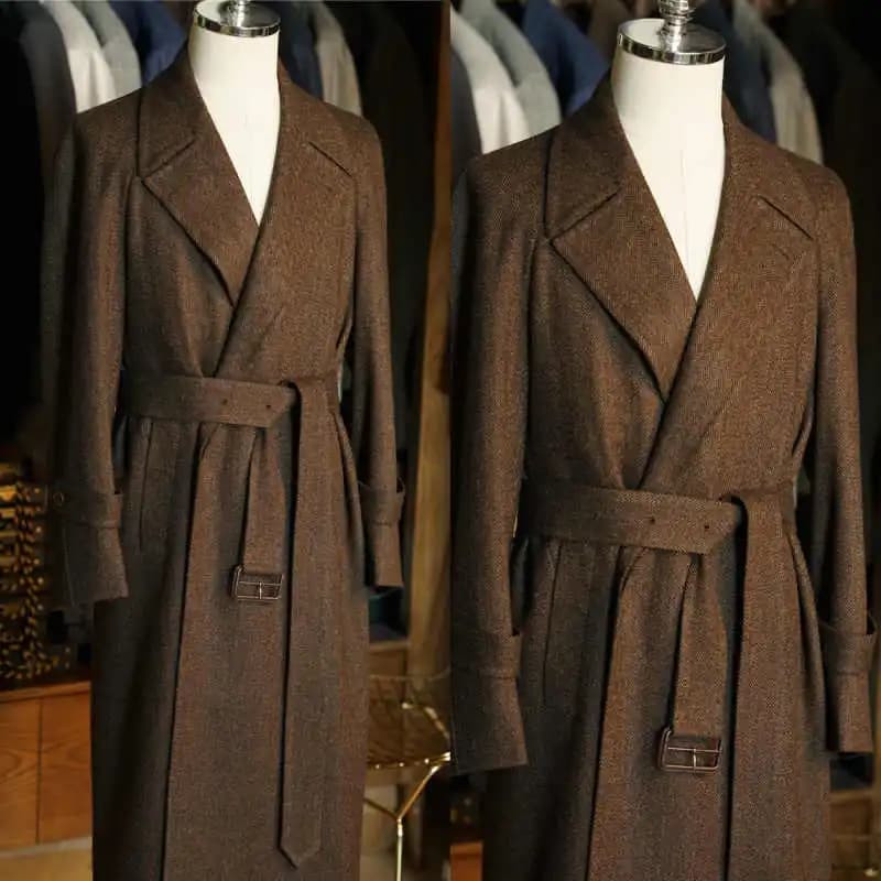 Cappotto Vintage da Uomo con Risvolto a Punta e Cintura, Giacca a Spina di Pesce, Blazer Autunno Inverno per Esterno, Cappotto Personalizzato in Un Pezzo