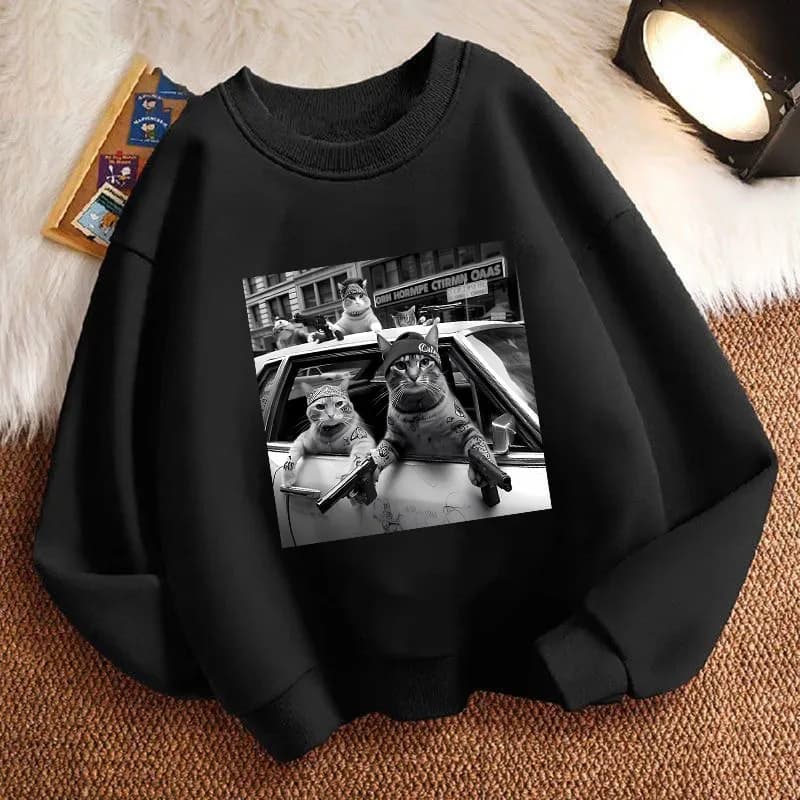 Felpa con Cappuccio per Bambini con Stampa Divertente di Gatto, Stile Streetwear, Girocollo, Primaverile, con Grafica Stampata, per Ragazzi/Ragazze