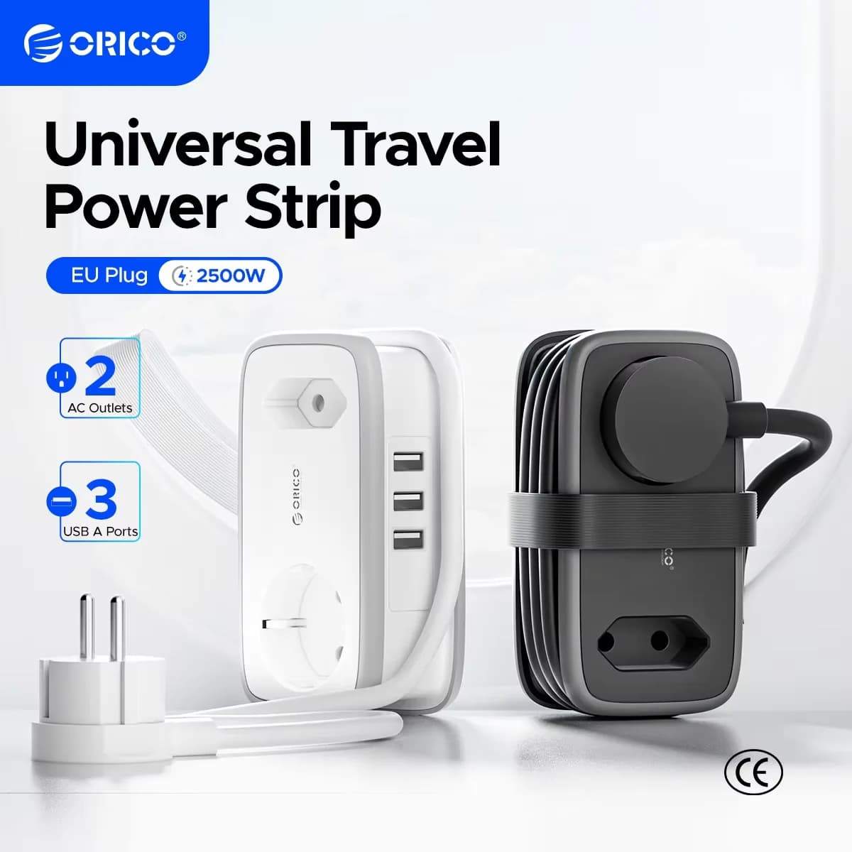 ORICO European Plug Ciabatta with 2AC 3USB port with extension cable from 1.1 M Intelligent travel socket 5 in 1 for home/travel Save space