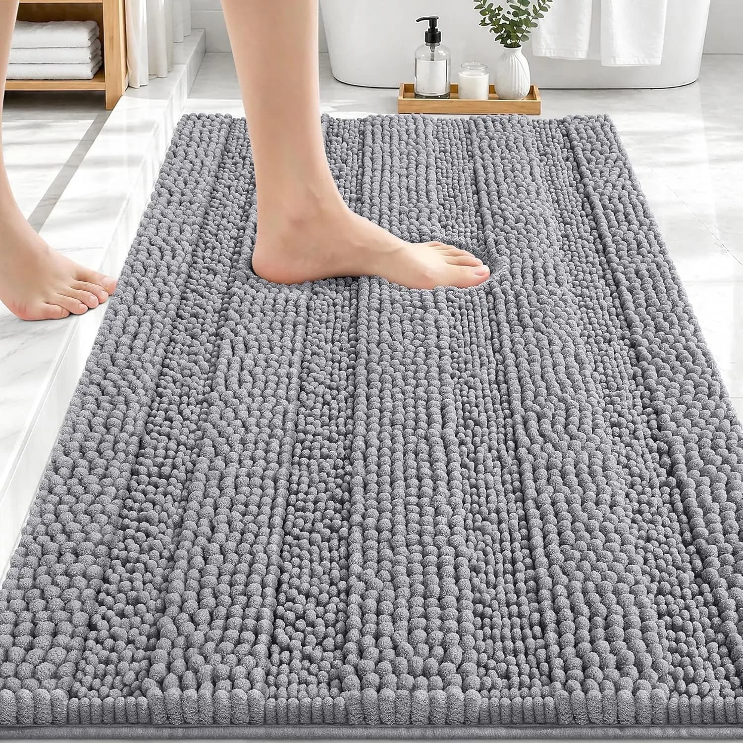 Thick Bathroom Rugs 30x20, Extra Soft Absorbent Chenille Striped Bath Rugs, Rubber Backing, Machine Wash Dry, Bath Mats for Bath