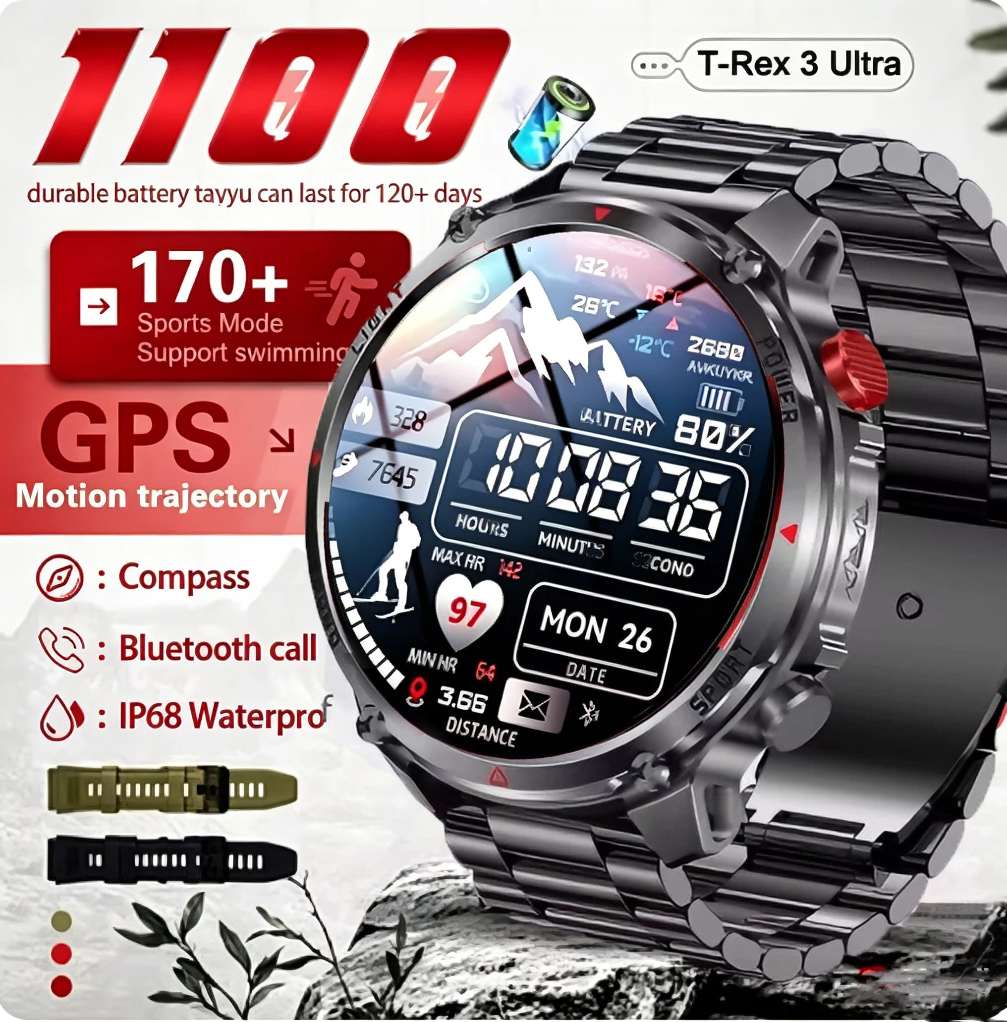 2026 New T-Rex3 Pro GPS Tracker 1100mAh Smartwatch Men 120-Day Standby Clock Rugged Outdoor Sport 10ATM Waterproof Call Watches