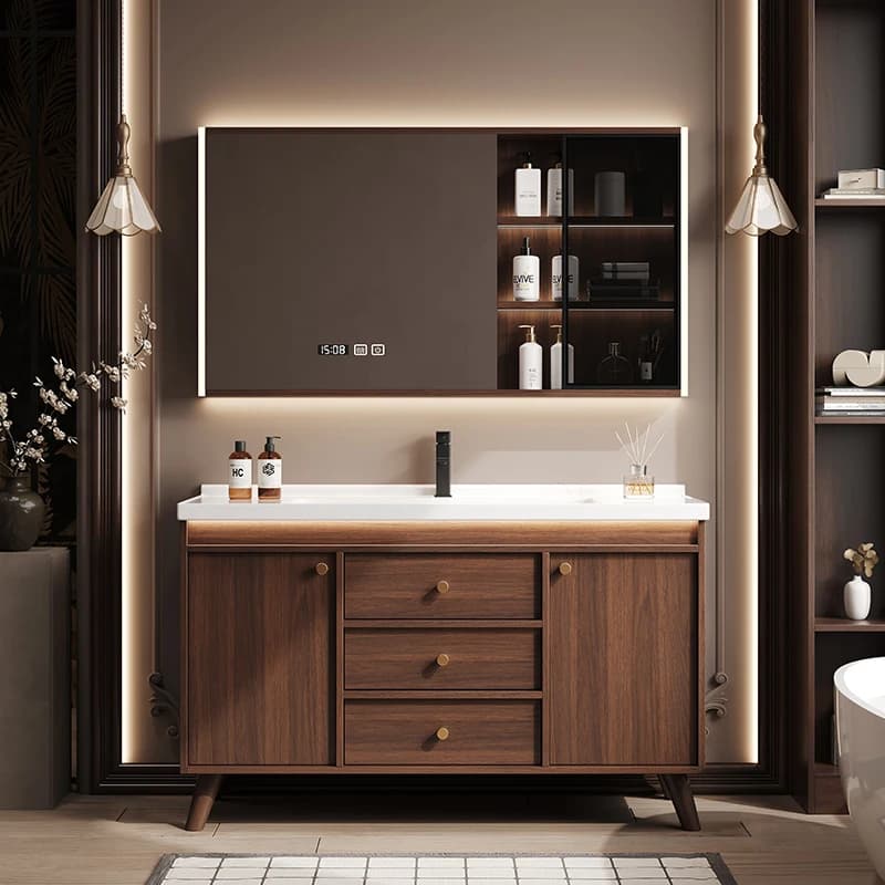 Armadietto a specchio Armadietto da bagno medievale in noce Combinazione Lavabo integrato in ceramica WC dal pavimento al soffitto Lavamani e viso