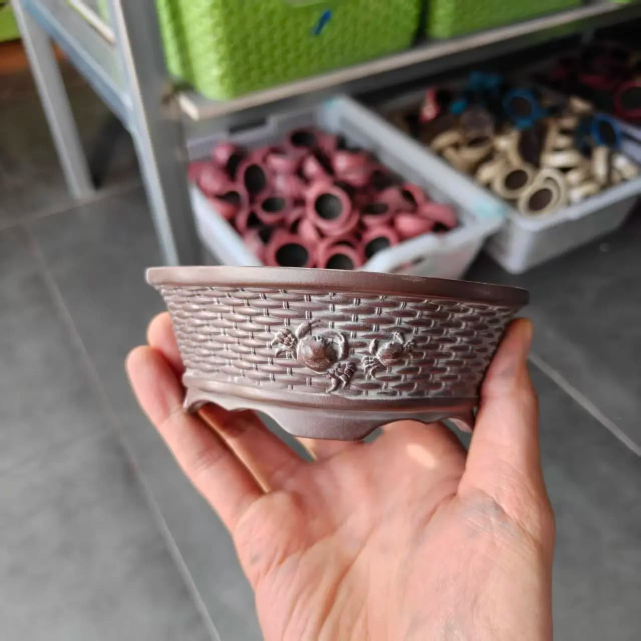 Hand Carved Crab Bonsai Pot with woven patterns