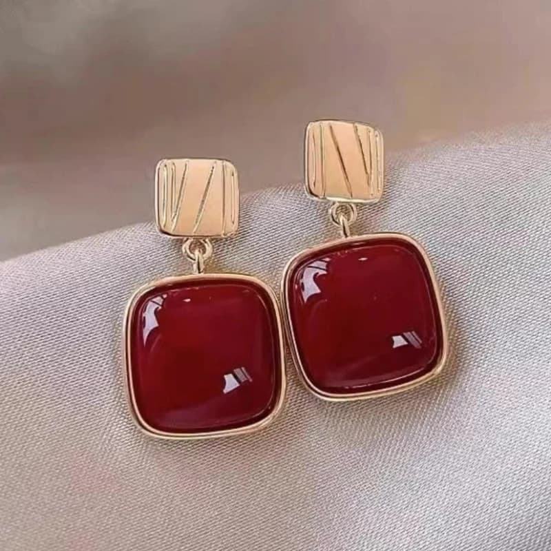 New Retro Square Women's Dangle Earrings Wine Red Geometric Statement Heavy Hanging Earrings for Female Wedding Jewelry