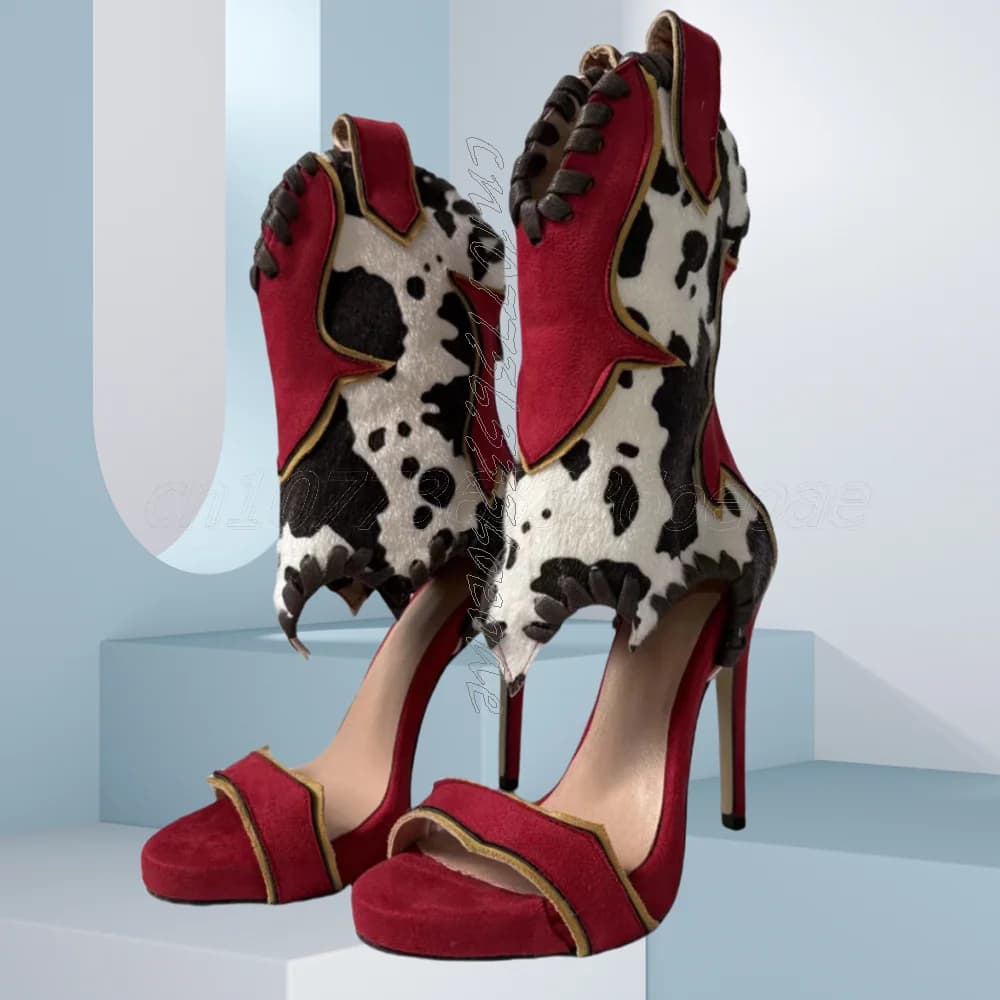 Modello mucca Patchwork Sandalo Stivaletti Pelle scamosciata Lace up Scarpe da donna Moda Tacchi alti sottili Scarpe 2025 Zapatos Para Mujere
