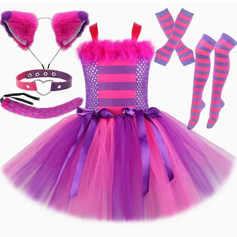 Cartoon Magic Striped Cheshire Cat Tutu Dress Set Ragazze Halloween Carnevale Party Dress Nuovo Hot Purple Cat Kids Wonderland Outfit
