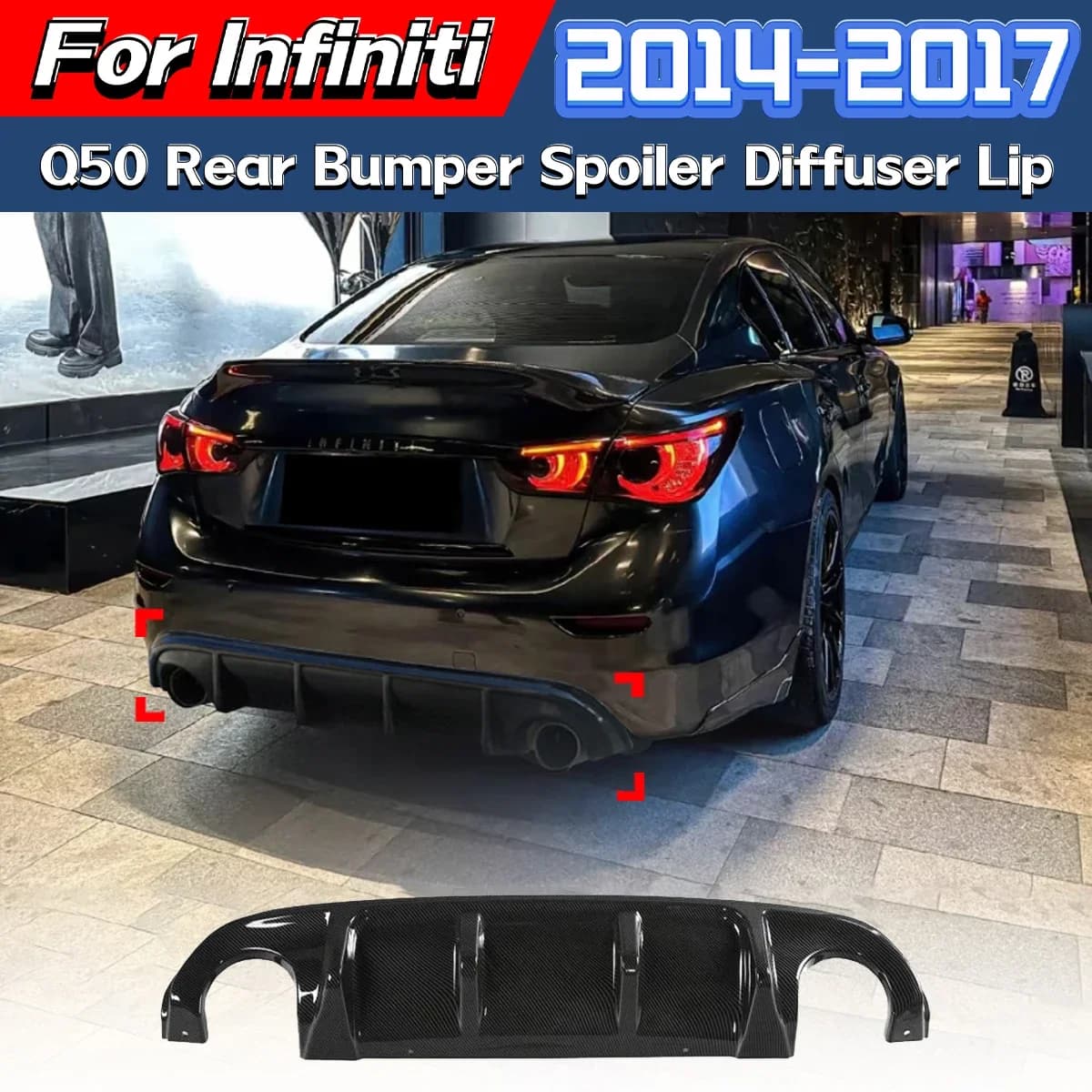 For Infiniti Q50 2014 2015 2016 2017 Rear Bumper Spoiler Diffuser Black Body Cover Lip Auto Editing Kit
