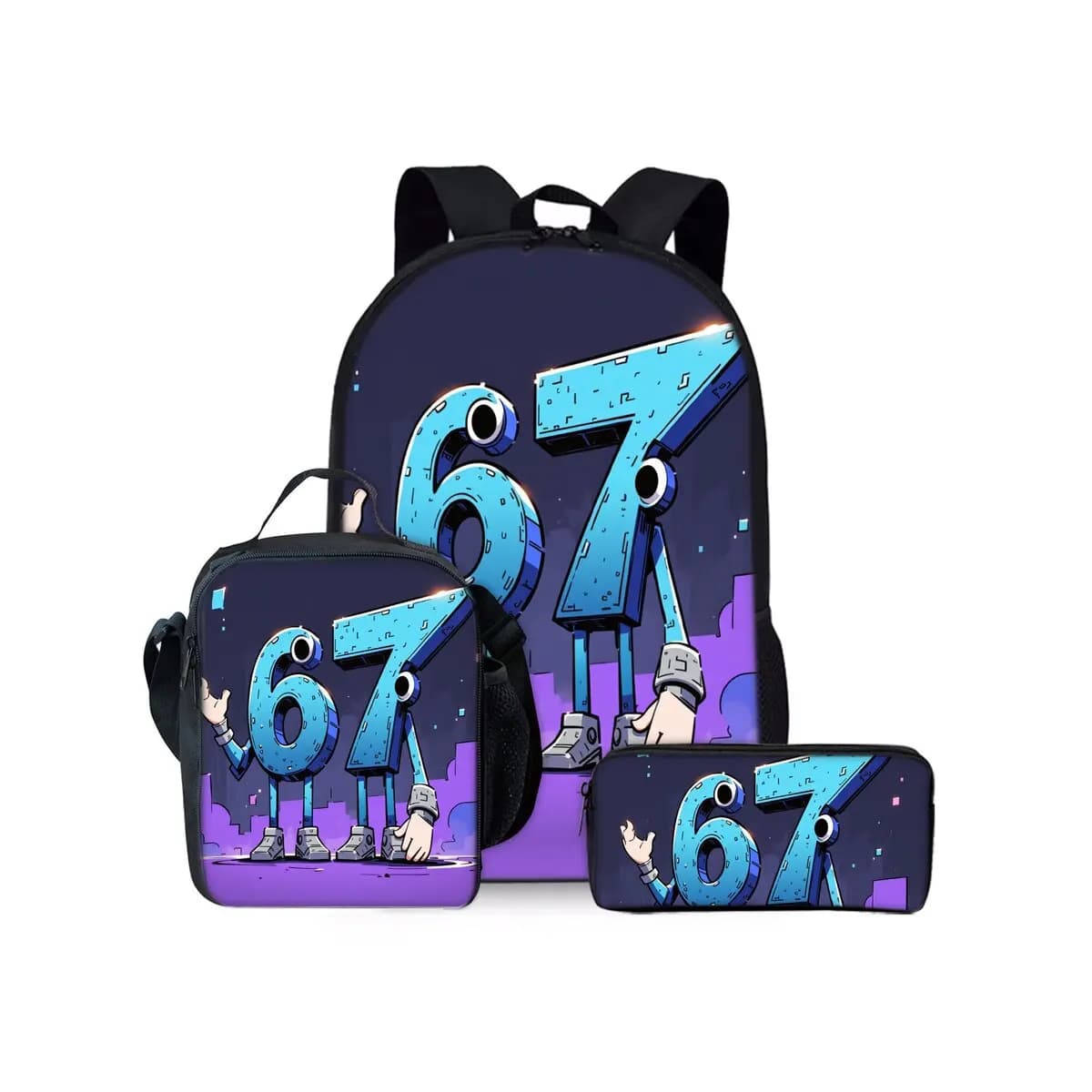 Set di 3 Pezzi di Lusso Popolari e Divertenti con Numeri 6 e 7 Stampati in 3D: Zaino Scolastico, Borsa per Laptop, Borsa Pranzo e Astuccio
